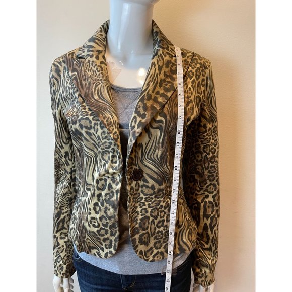 LUX Womens Animal Print Blazer Jacket Long Sleeve Single Breasted Black Brown M - Picture 3 of 6